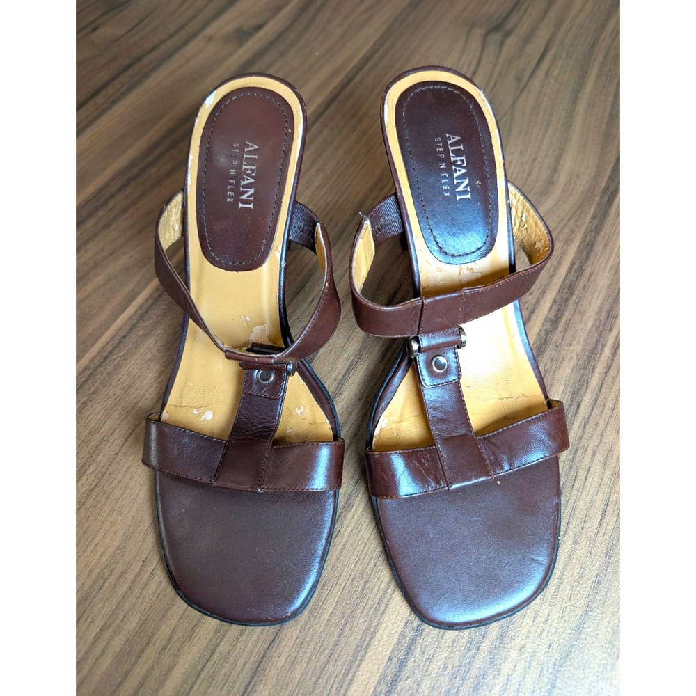 Alfani Step N Flex Women's Size 8M Brown Leather Strappy Block Heel Sandals